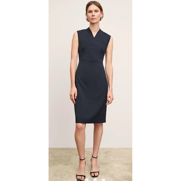 M.M. Lafleur Aditi Sleeveless V Neck Stretch Sheath Midi Dress Navy 10 Minimal